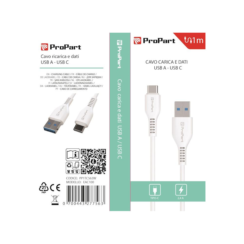 Cavo Carica e Dati Tipo-C 2.4 A. Lunghezza 1 metro Bianco