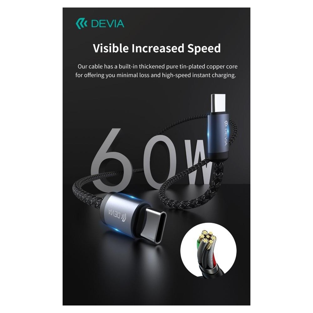 Cavo carica rapida da C a C PD 60W 3A, 3 Metri Nero