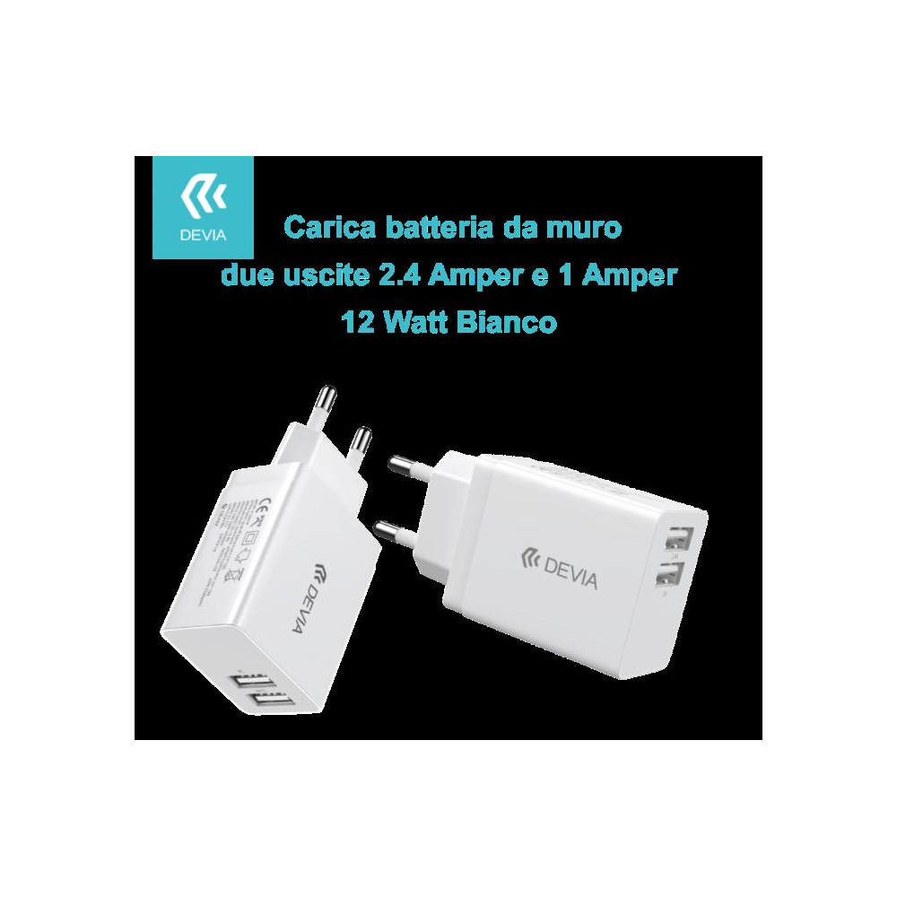 Carica Batterie 2 Uscite 2.4 Amper e 1 Amper 12 Watt Bianco