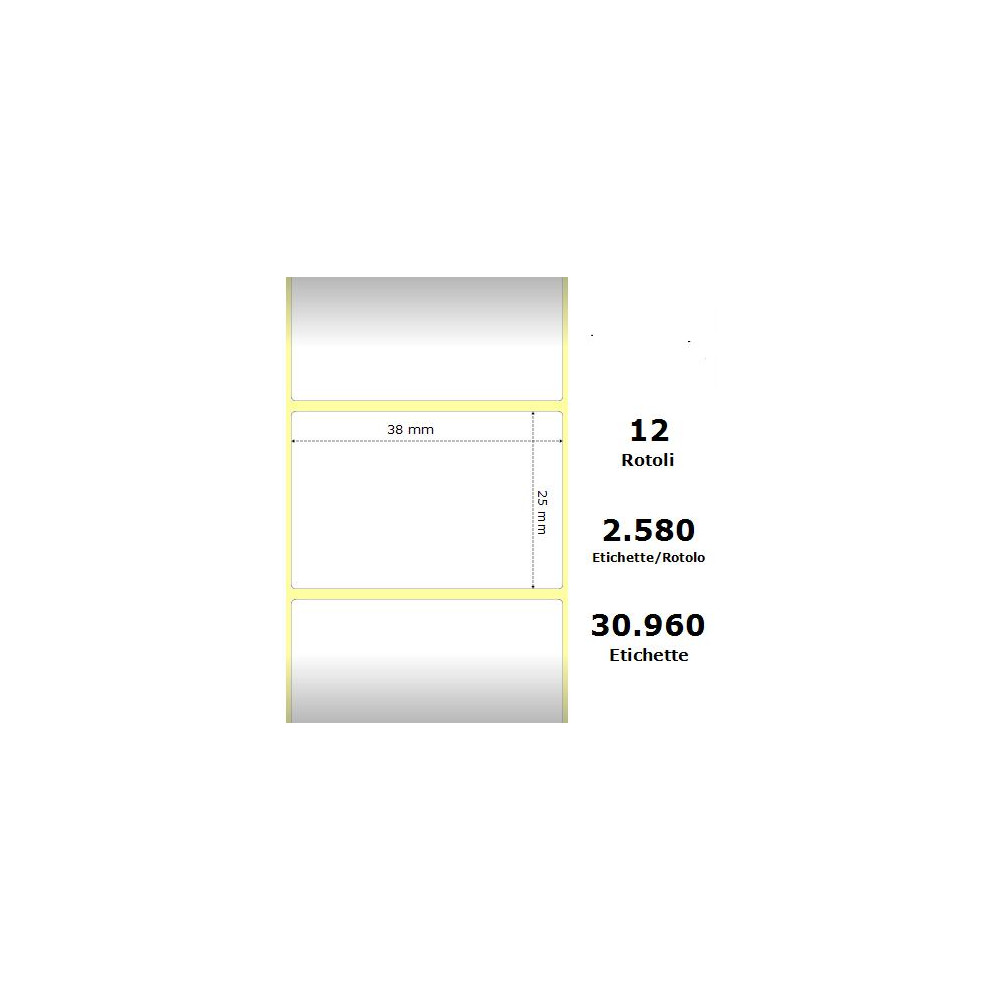 White 38x25mm, 2580 Et/Rotolo Z-1000D,1.5x1x1 Core ,12 Rolls