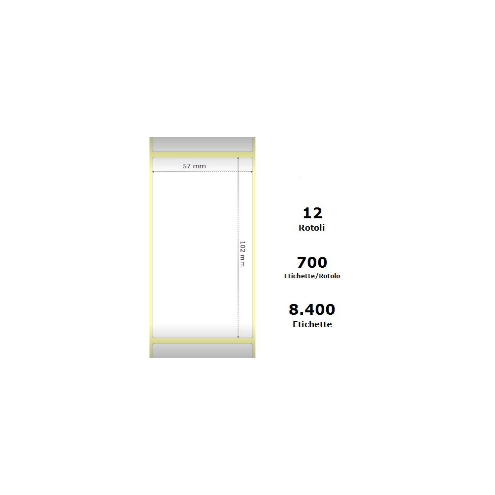 White 57x102mm,700 Et/Rotolo Z-2000D, 2.2x4x1Core, 12 Rolls